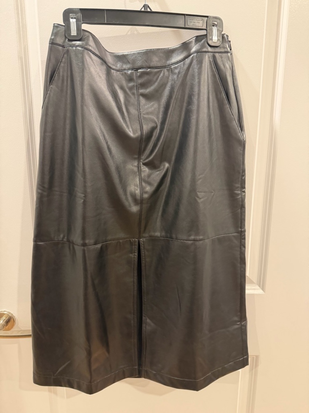 UNTUCKit Black Faux Leather Midi Skirt with Front Slit
